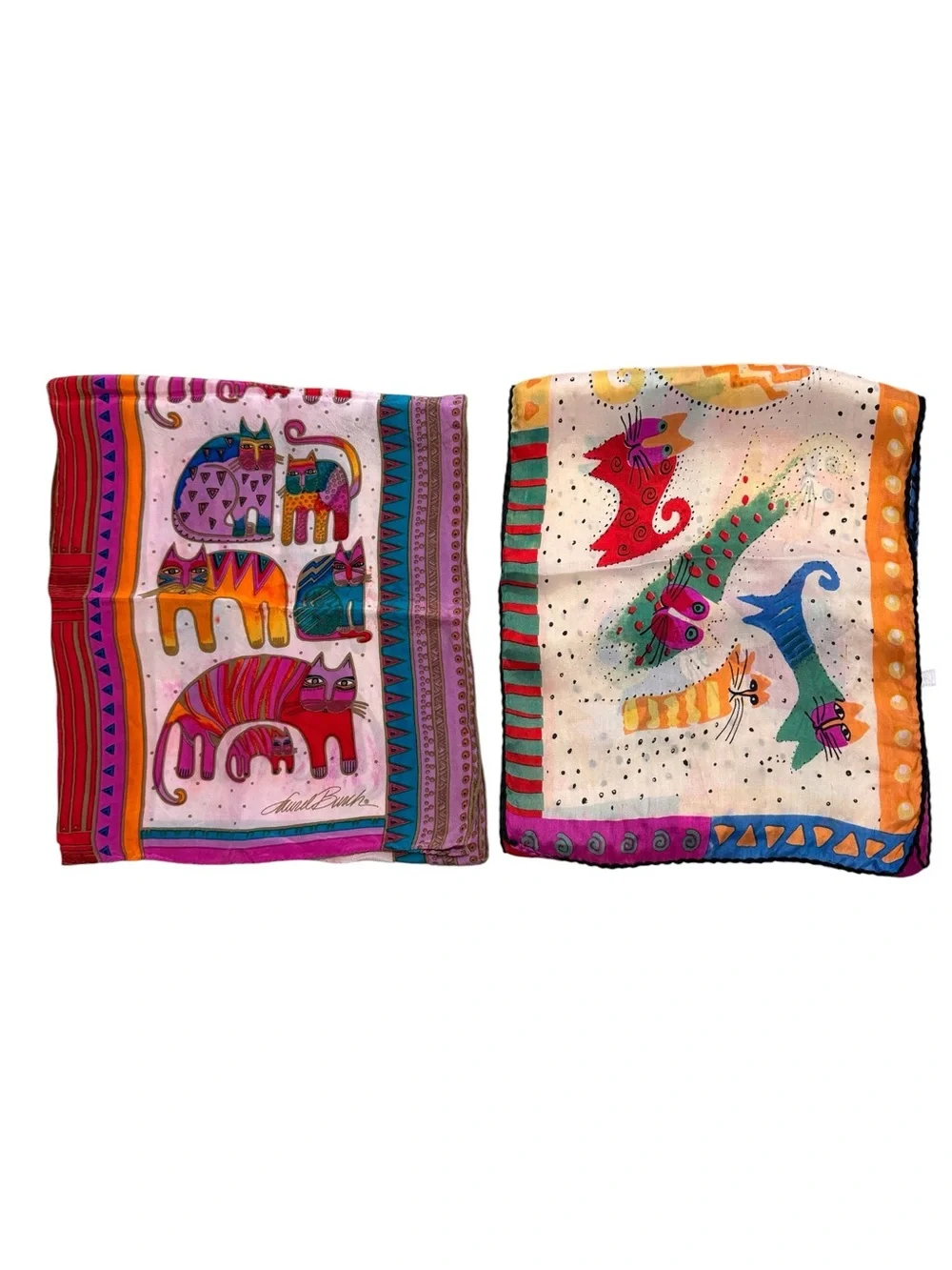 Laurel Burch Colorful Cats Silk Scarf Fantastic Felines Lot of 2 Scarves